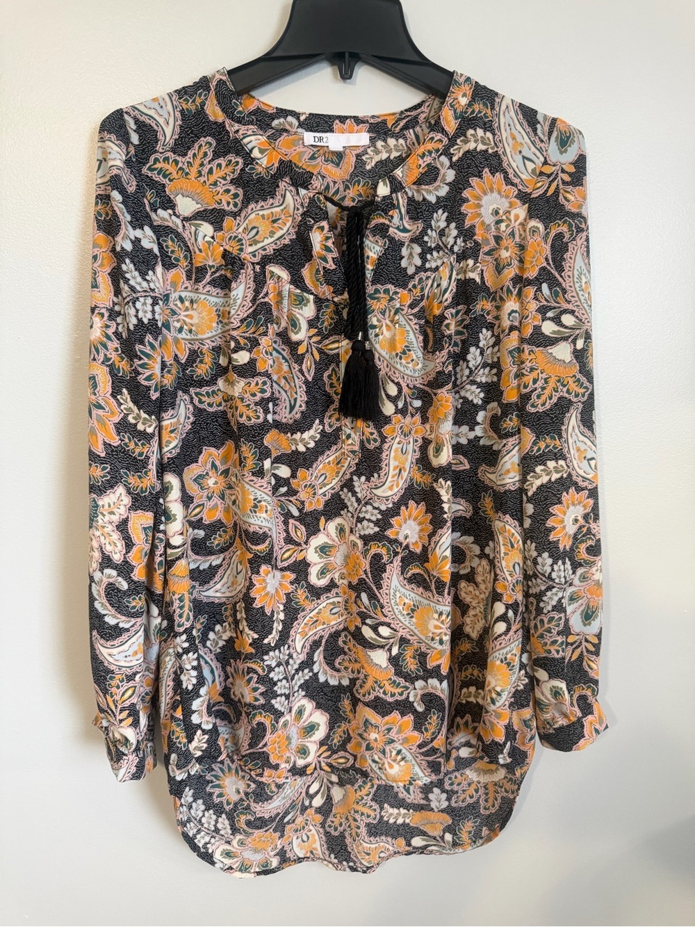 DR2 Black Paisley Floral Tie-Neck Blouse with Orange Accents Size Small